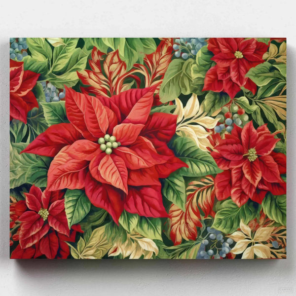 Poinsettias - Paint by Numbers - Our Poinsettia Painting by Numbers kit captures the vibrant beauty of the iconic Christmas bloom. Rich reds and deep greens unfold as you paint, creating a stunning tapestry of festive cheer - Canvas by Numbers