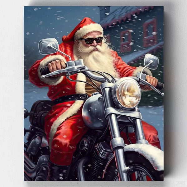 Rush Hour - Paint by Numbers-Capture the cool side of Christmas with 'Rush Hour' Paint by Numbers. Santa rocks sunglasses and a Harley in this unique holiday artwork.-Canvas by Numbers