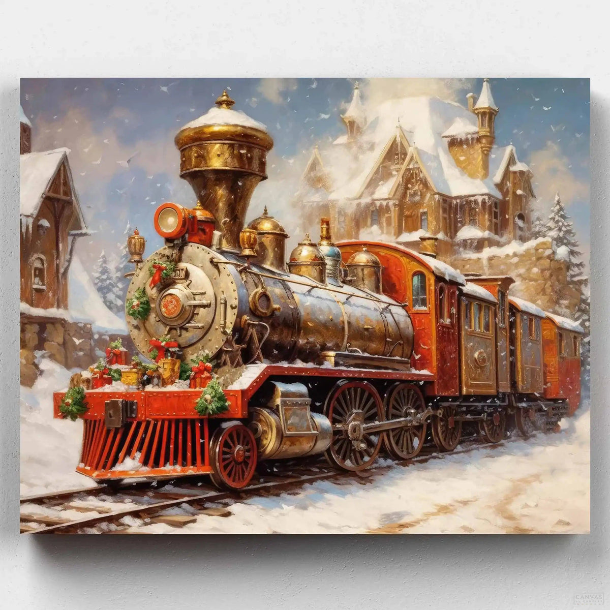 Joy Express - Paint by Numbers-Unleash holiday cheer with 'Joy Express'—a festive train journey in a snowy wonderland, perfect for a paint-by-numbers Christmas delight.-Canvas by Numbers