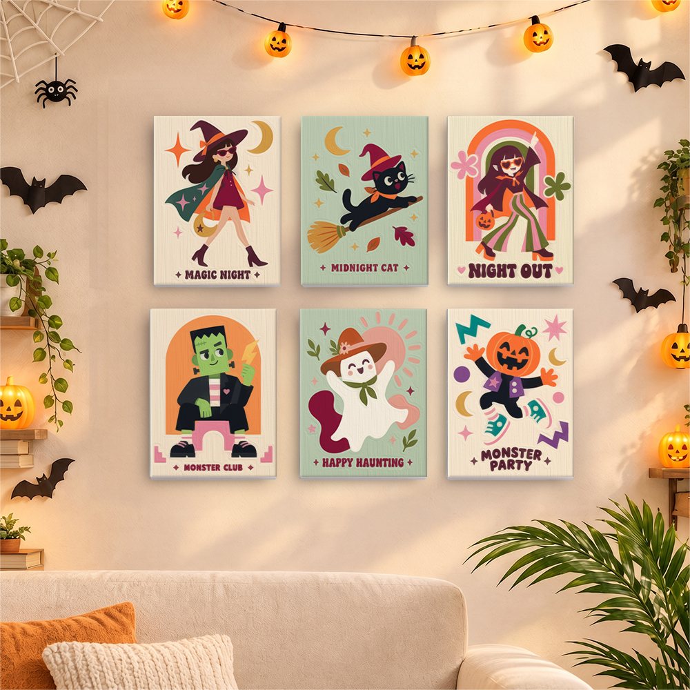 Far-Out Halloween mini canvases displayed together in a cozy Halloween living room