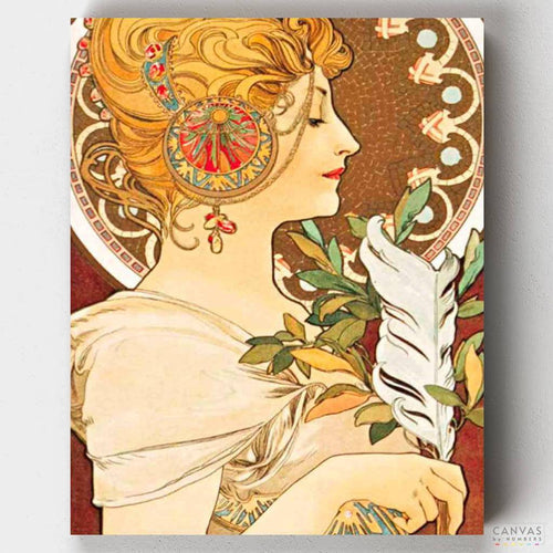 Feather. A portrait by Alphonse Mucha turned into paint by numbers. Feather has gorgeous colors and details for hours of fun. Get yours today at CBN.