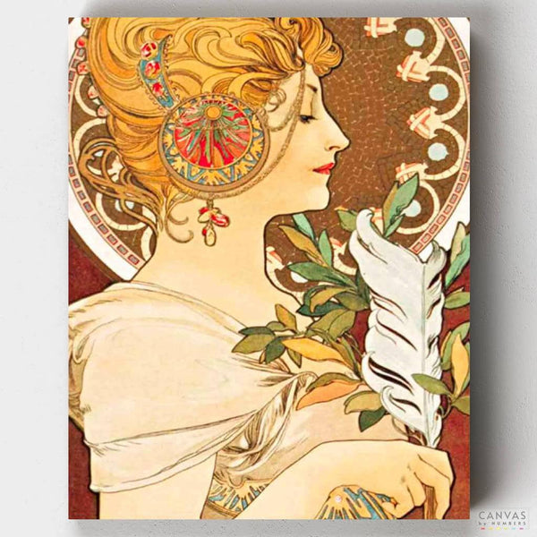 Feather - Paint by Numbers-A portrait by Alphonse Mucha turned into paint by numbers. Feather has gorgeous colors and details for hours of fun. Get yours today at CBN.-Canvas by Numbers