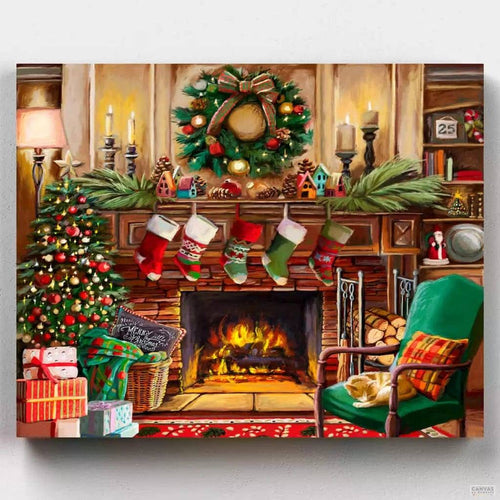 Fireside Christmas. This beautiful painting by numbers artwork features a warm and cozy fireside scene, complete with stockings hung by the fireplace and presents under the tree.