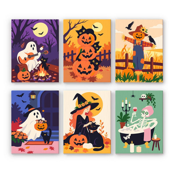 Fireside Fall Spooks mini paint by numbers set showing all six Halloween designs