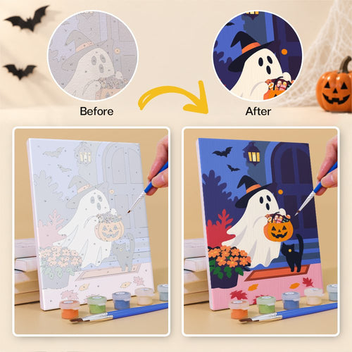Before and after painting a Fireside Fall Spooks mini canvas
