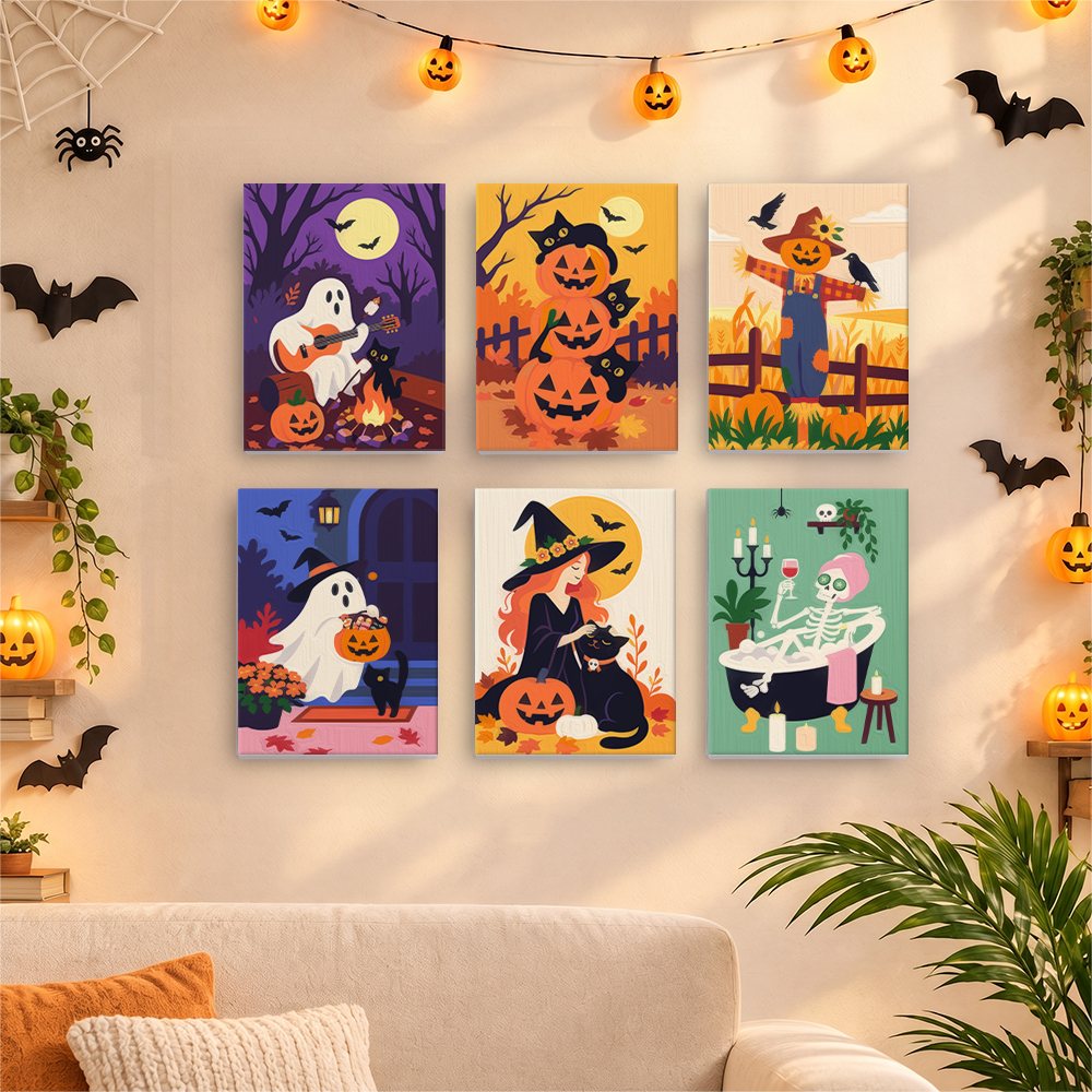 Fireside Fall Spooks mini canvases displayed together in a cozy Halloween living room