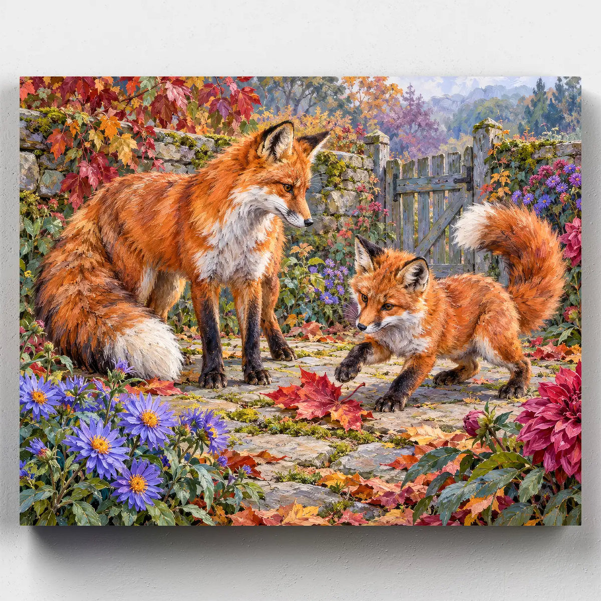 First Pounce of Autumn paint by numbers kit with a mother fox and cub among asters and fallen leaves