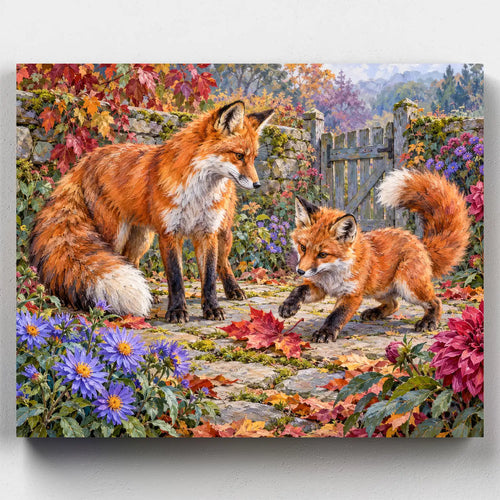 First Pounce of Autumn paint by numbers kit with a mother fox and cub among asters and fallen leaves
