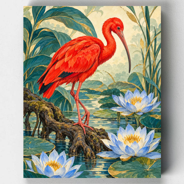 Flame of the Lily Pond paint by numbers kit with a red ibis on a root among blue water lilies