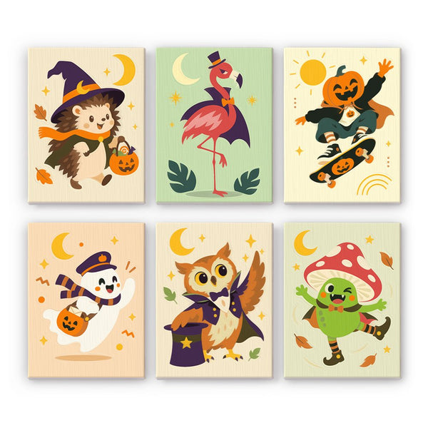 Flamingo & Friends Dress-Up mini paint by numbers set showing all six Halloween designs
