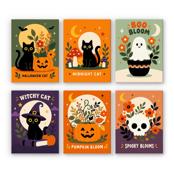 Floral Halloween Cats mini paint by numbers set showing all six Halloween designs