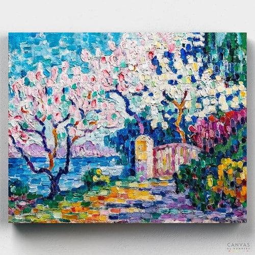 Flowering Trees. Recreate the beauty of Paul Signac's Flowering Almond Trees with our paint by numbers kit. Perfect for capturing the vibrant colors and pointillist style.