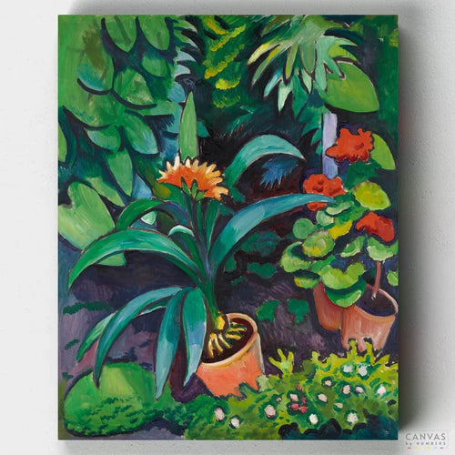 Flowers in the Garden, Clivia and Pelargonien. This August Macke paint by numbers presents a lovely floral scene full of greens. Ideal for beginners. Shop quality painting kits at Canvas by Numbers!