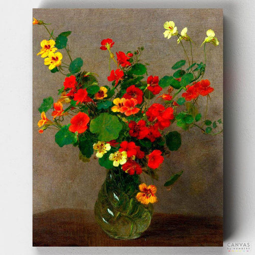 Flowers. A classic bouquet paint by numbers by Henri Fantin-Latour with vivid reds and great detail. Shop quality paintings at Canvas by Numbers.