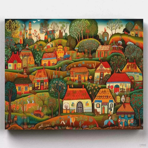 Folklore Vista. Discover the timeless beauty with our Landscape folkloric village painted by numbers, a colorful piece of art waiting for your artistic touch.