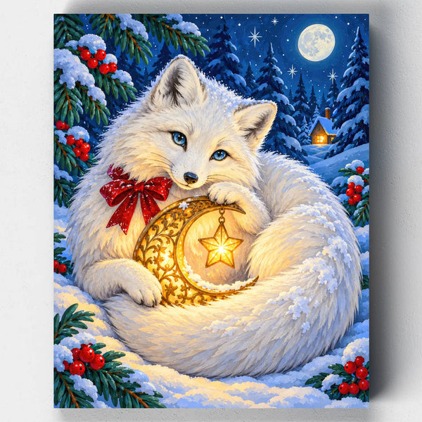 Fox and Moon Lantern. A white arctic fox holds a glowing golden moon lantern in the snow in this Christmas paint by numbers kit.
