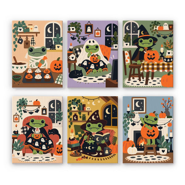 Froggy Halloween at Home mini paint by numbers set showing all six Halloween designs
