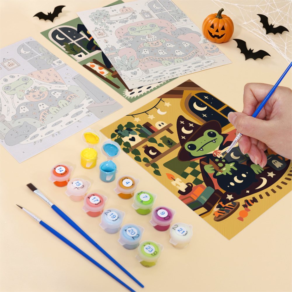 Close-up of a Froggy Halloween at Home mini canvas halfway painted