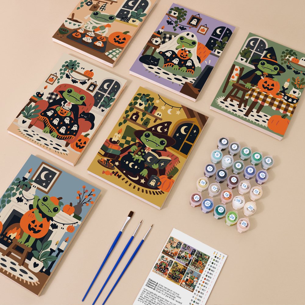 Froggy Halloween at Home kit contents with six numbered canvases, paints, brushes and reference sheet