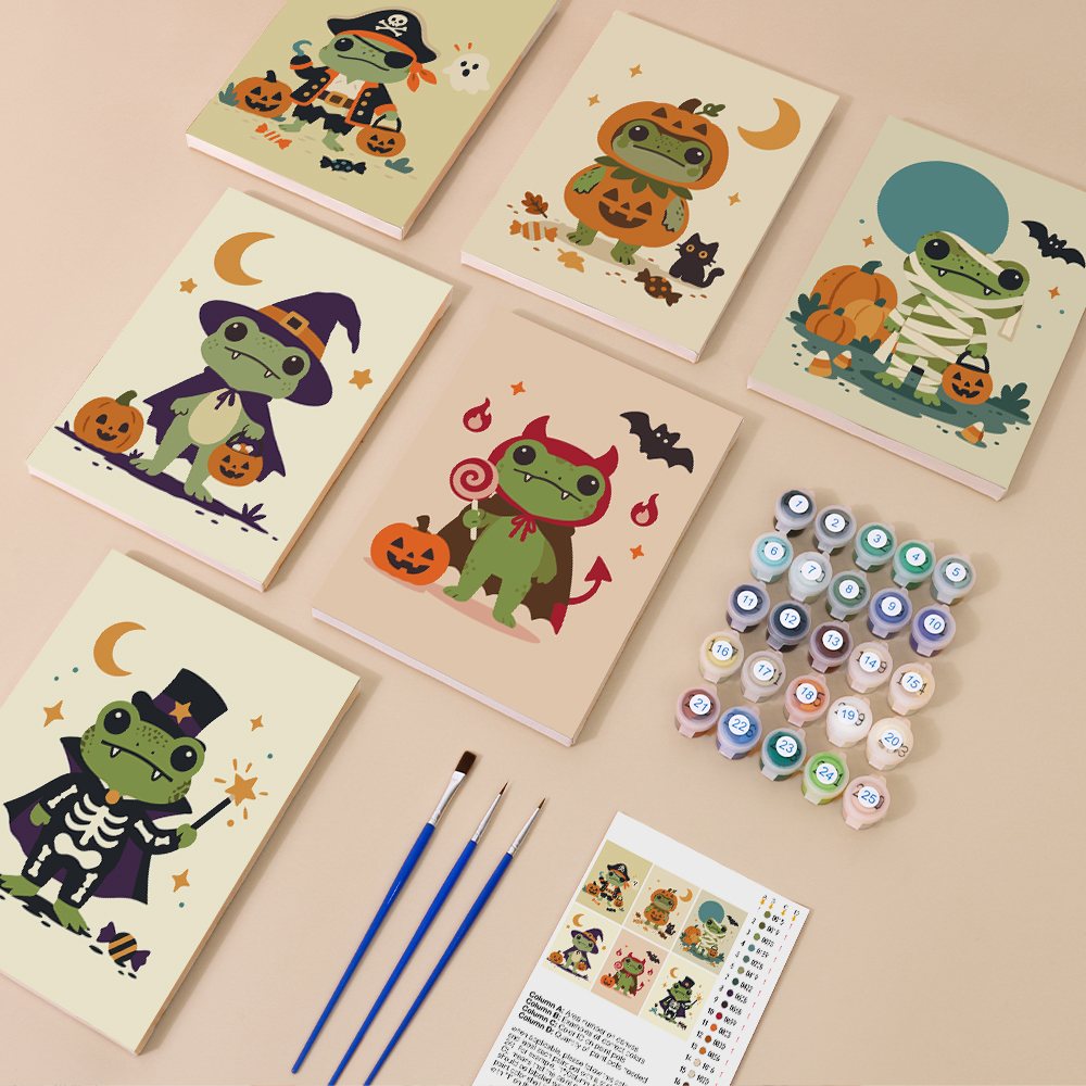 Frogs in Disguise kit contents with six numbered canvases, paints, brushes and reference sheet