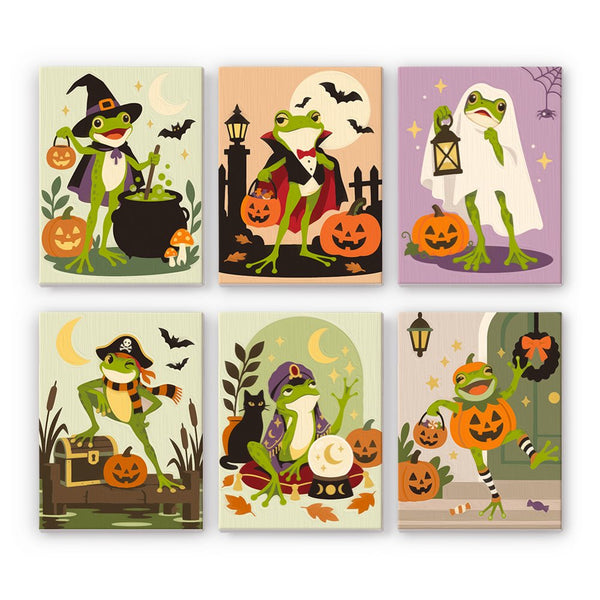 Frogs in Fancy Dress mini paint by numbers set showing all six Halloween designs