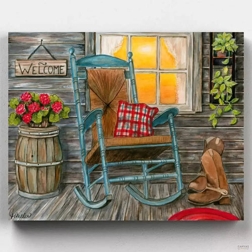 Front Porch. This beautiful paint by numbers scene of a wooden porch with a blue old chair and some flowers is the perfect way to relax and unwind. A simpler life is a happier life.