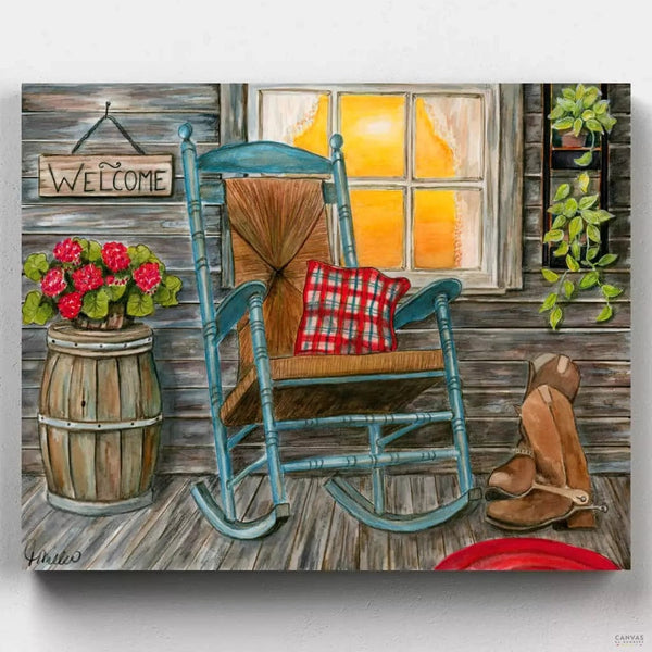 Front Porch - Paint by Numbers-This beautiful paint by numbers scene of a wooden porch with a blue old chair and some flowers is the perfect way to relax and unwind. A simpler life is a happier life.-Canvas by Numbers