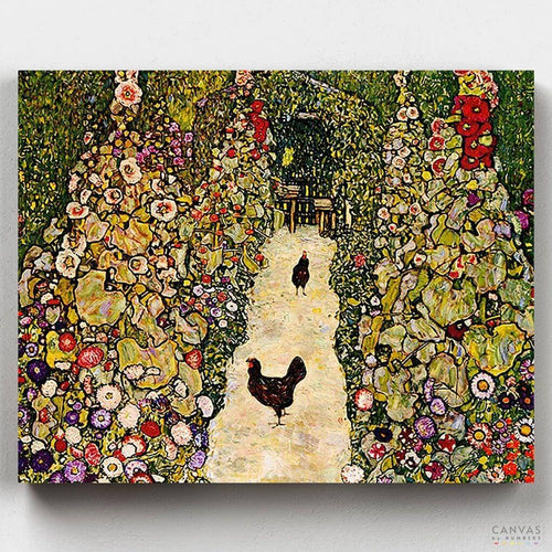 Garden Path with Chickens. Unveil Klimt's tranquil "Garden Path with Hens" step by step with our paint by numbers kit. Experience the joy of artistic discovery with every brushstroke.