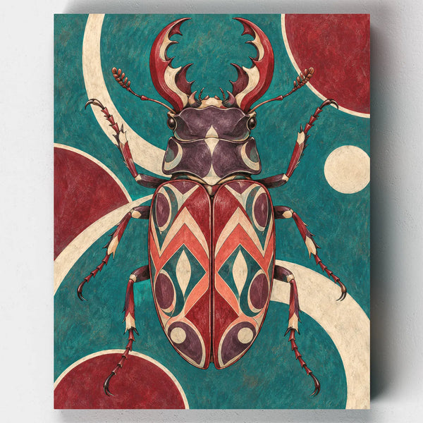 Garnet Beetle paint by numbers kit with a patterned red stag beetle on teal and burgundy circles