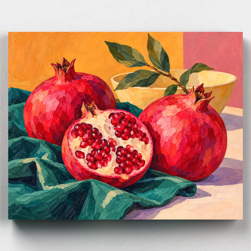 Garnet Harvest paint by numbers kit with ripe pomegranates on green linen against an orange wall