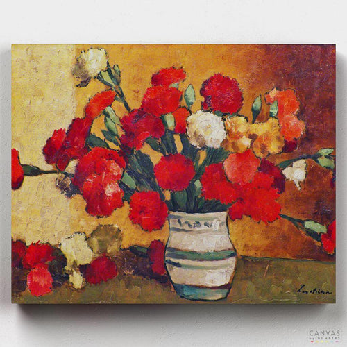 Garoafe. A bunch of colorful carnations in a traditional vase in a beautiful composition. Enjoy this Garoafe paint by numbers kit by Stefan Luchian at CBN!