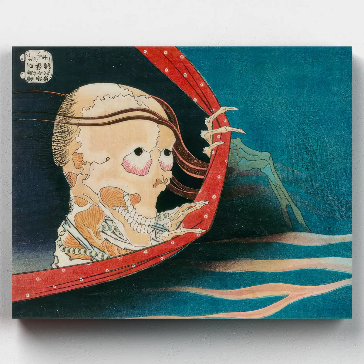 Hokusai skeleton ghost pulling back a red mosquito net paint by numbers kit
