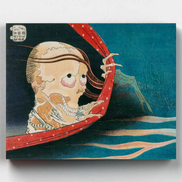 Hokusai skeleton ghost pulling back a red mosquito net paint by numbers kit