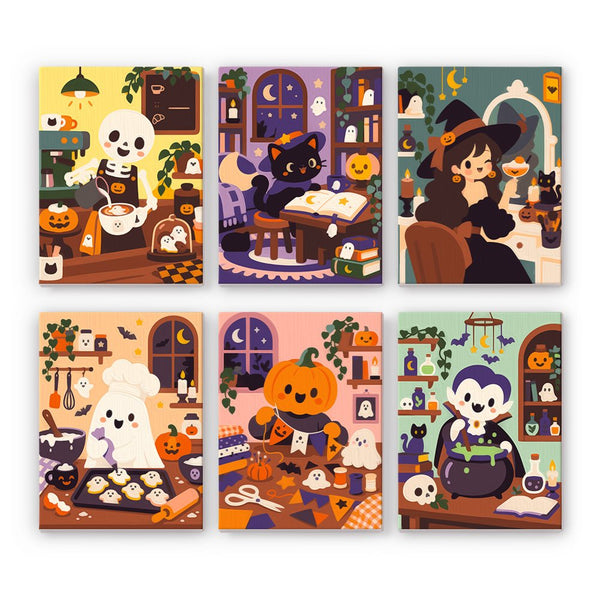 Ghoulish Coffee & Cookies mini paint by numbers set showing all six Halloween designs