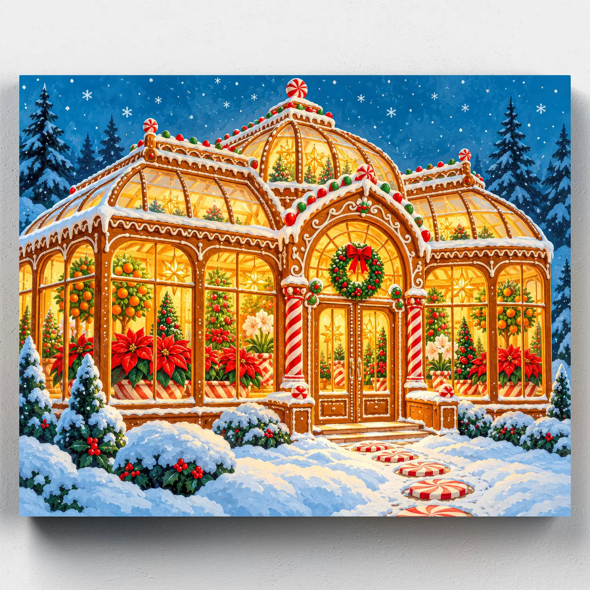 Gingerbread Conservatory. A gingerbread glasshouse with glowing windows and candy cane columns in the snow in this Christmas paint by numbers kit.