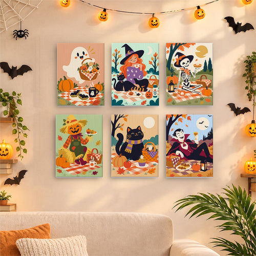 Gingham Blanket Ghouls mini canvases displayed together in a cozy Halloween living room