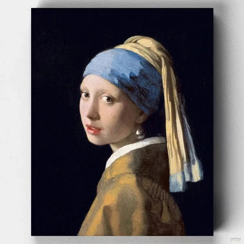 Girl with a Pearl Earring. A European girl wearing an exotic dress, an oriental turban, and a very large pearl as an earring. Paint by numbers this timeless piece at CBN!