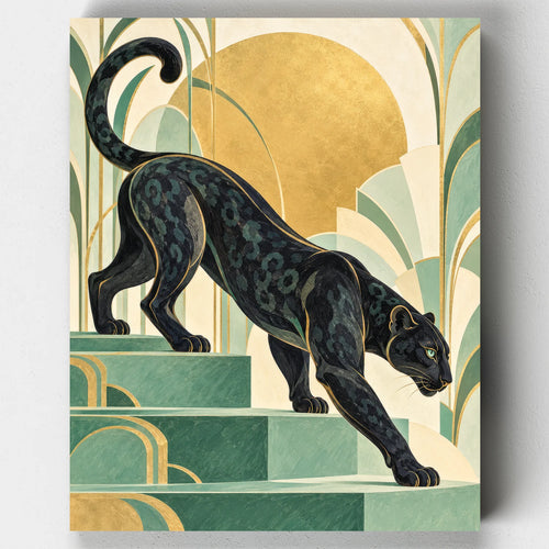 Golden Hour Panther paint by numbers kit with a black panther on green steps and a golden sun