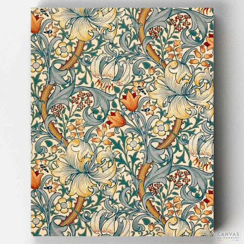 Golden Lily. A stunning paint by numbers kit with amazing colors and detail based on William Morris' tapestry artwork. Only at Canvas by Numbers.