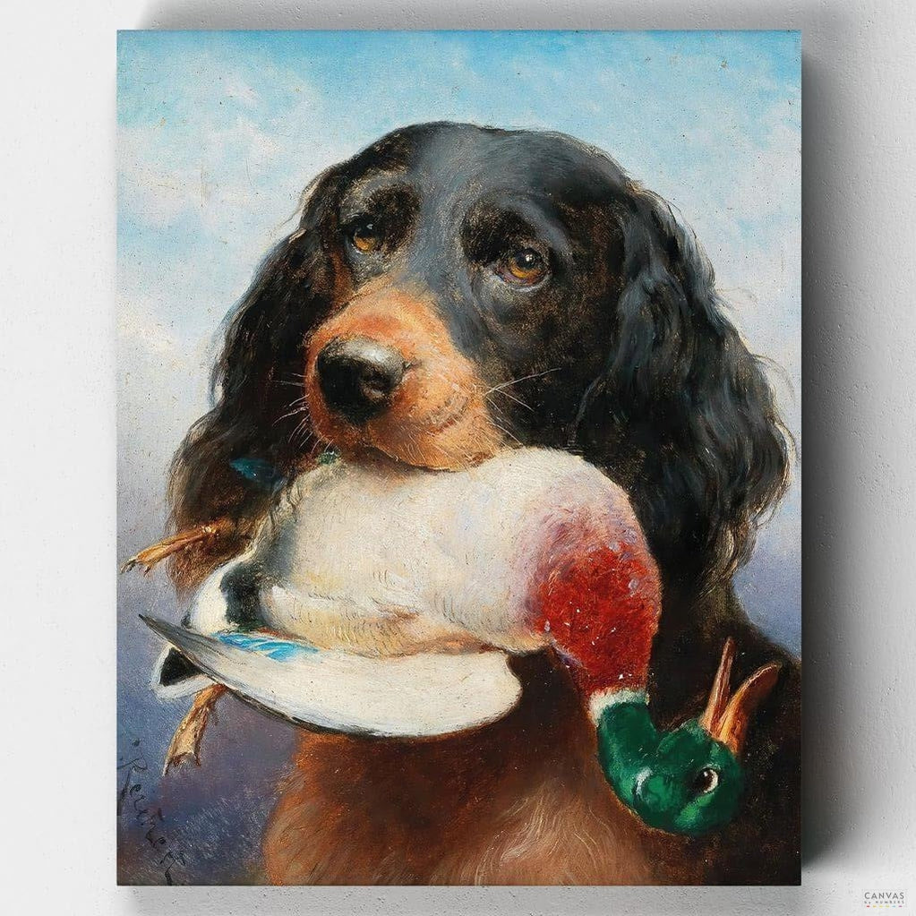 Gordon Setter with Mallard Duck - Paint by Numbers-Recreate Reichert's 'Gordon Setter with Mallard Duck' with our Paint by Numbers kit. Immerse yourself in the thrilling depiction of nature's hunt. Start today!-Canvas by Numbers
