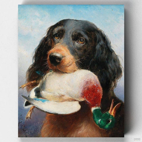 Gordon Setter with Mallard Duck. Capture the thrill of the hunt with Carl Reichert's Gordon Setter with Mallard Duck paint by numbers kit. Order from Canvas by Numbers and paint the wild!