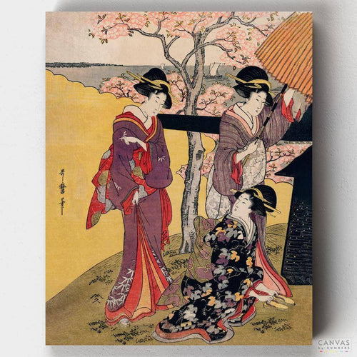 Gotenyama no Hanami Hidari. Enjoy Japanese paint by numbers art by Utamaro K. - one of the most regarded designers of ukiyo-e woodblock prints and paintings in the 18th century.