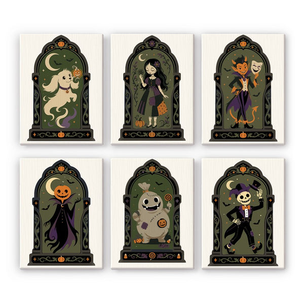 Gothic Arch Portraits mini paint by numbers set showing all six Halloween designs