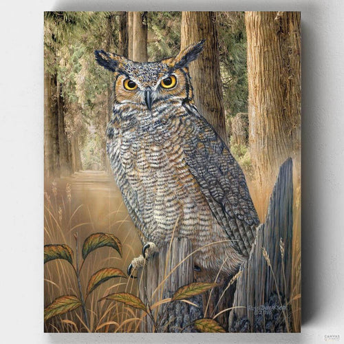 Great Horned Owl. Dive into creativity with our enchanting owl painting kit. Great Horned Owl - Unleash the guardian of the night on canvas through paint by number for adults.