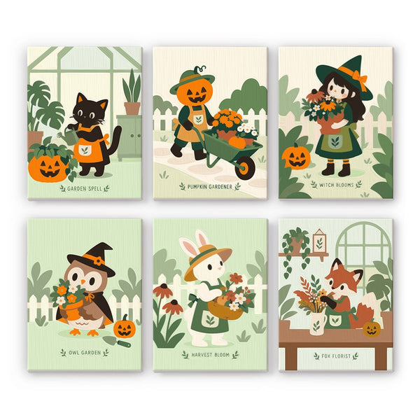 Greenhouse Garden Critters mini paint by numbers set showing all six Halloween designs
