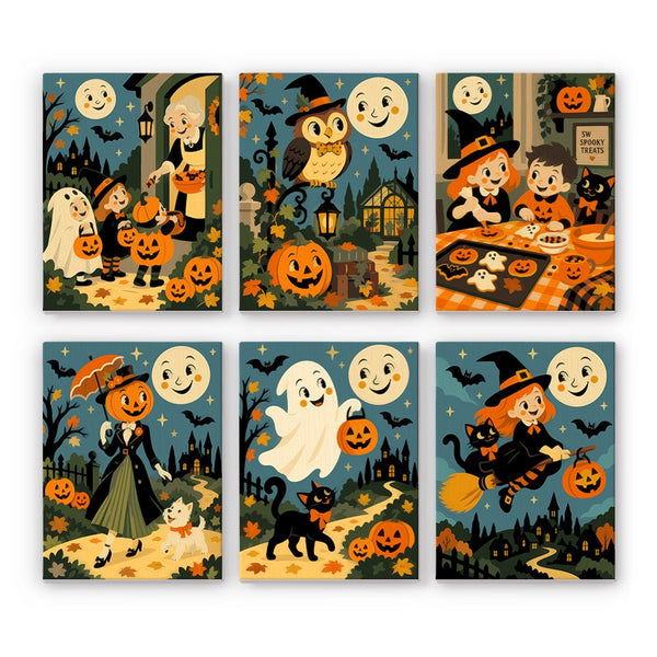 Grinning Moon Village mini paint by numbers set showing all six Halloween designs