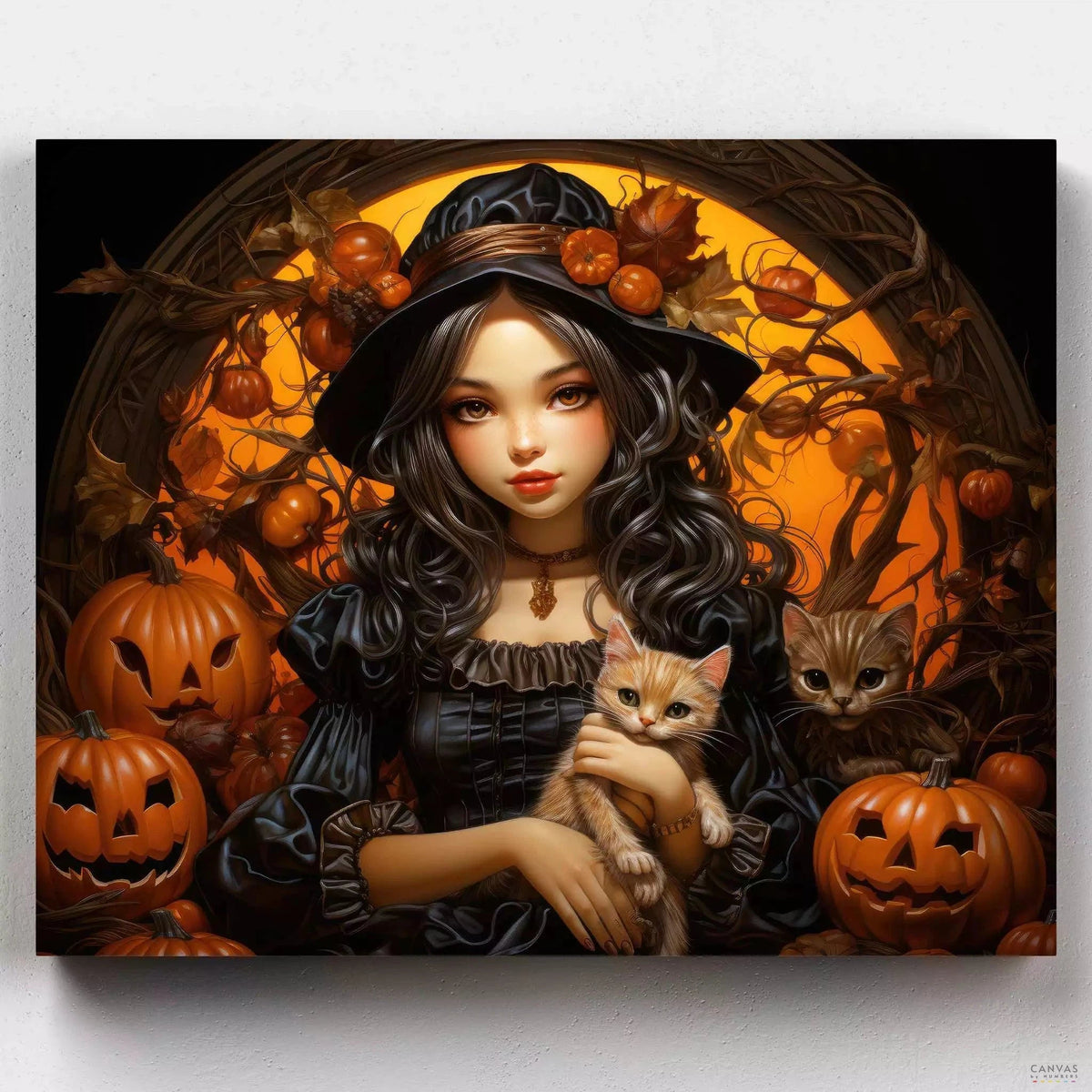Halloween Ritual - Paint by Numbers-Unleash the magic of Halloween with our paint by numbers. Bring to life a playful witch, kittens, and festive decor, all in one enchanting canvas.-Canvas by Numbers
