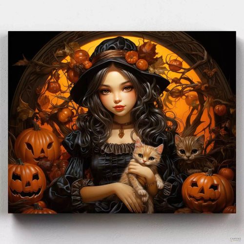 Halloween Ritual. Create a magical Halloween scene with our 'Girl Witch, Pumpkins, and Cats' paint by numbers kit. Perfect for adding a festive touch to your decor.