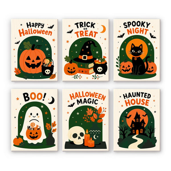 Happy Halloween Signs mini paint by numbers set showing all six Halloween designs