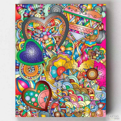 Happy Hearts. Create a vibrant 'Colorful Hearts Mandala Mosaic' with our paint by numbers kit. Perfect for crafting a stunning, love-inspired artwork.